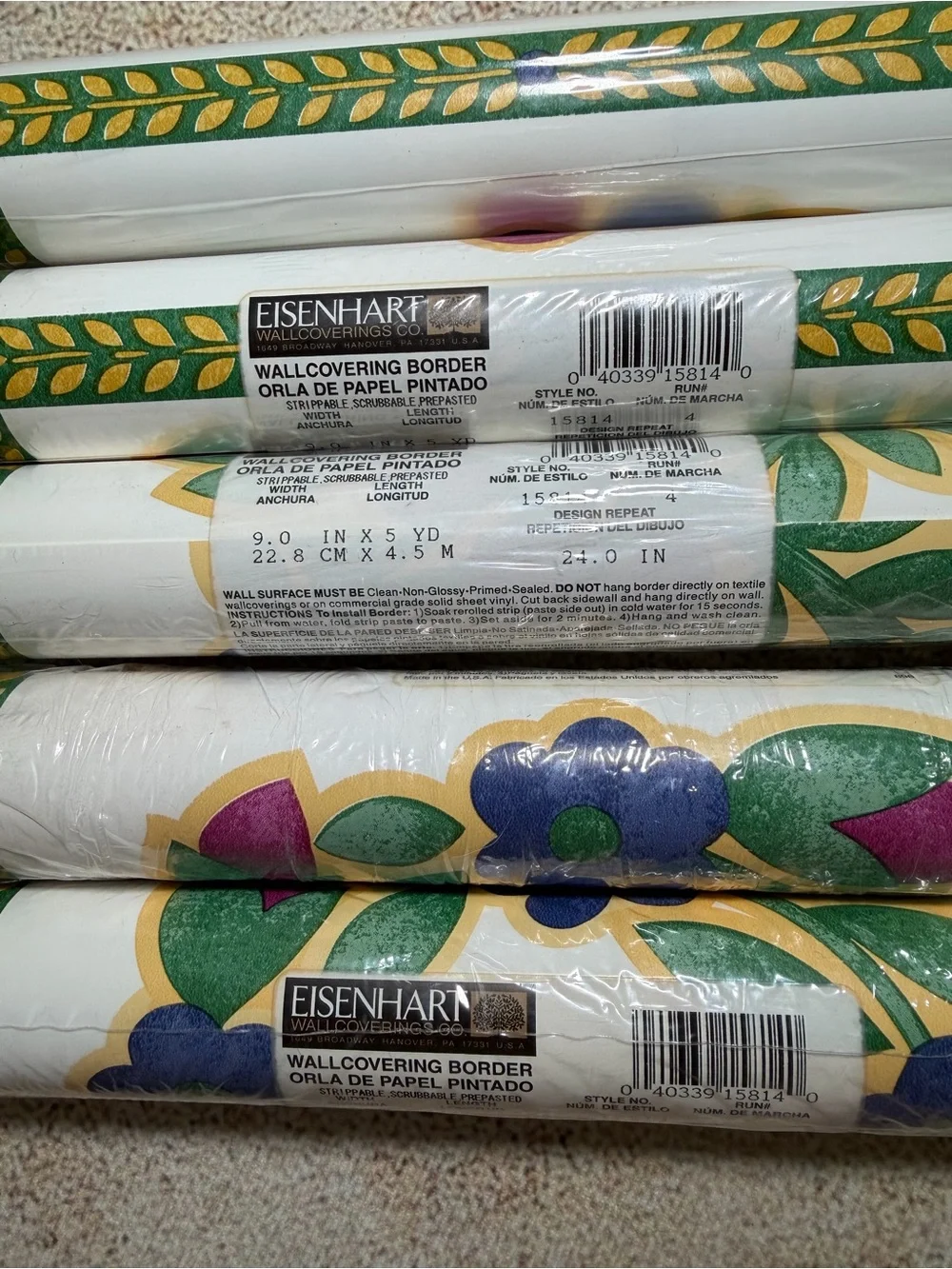 5 Vintage Floral Leaf Border Wallpaper Rolls - Green, Blue, Purple